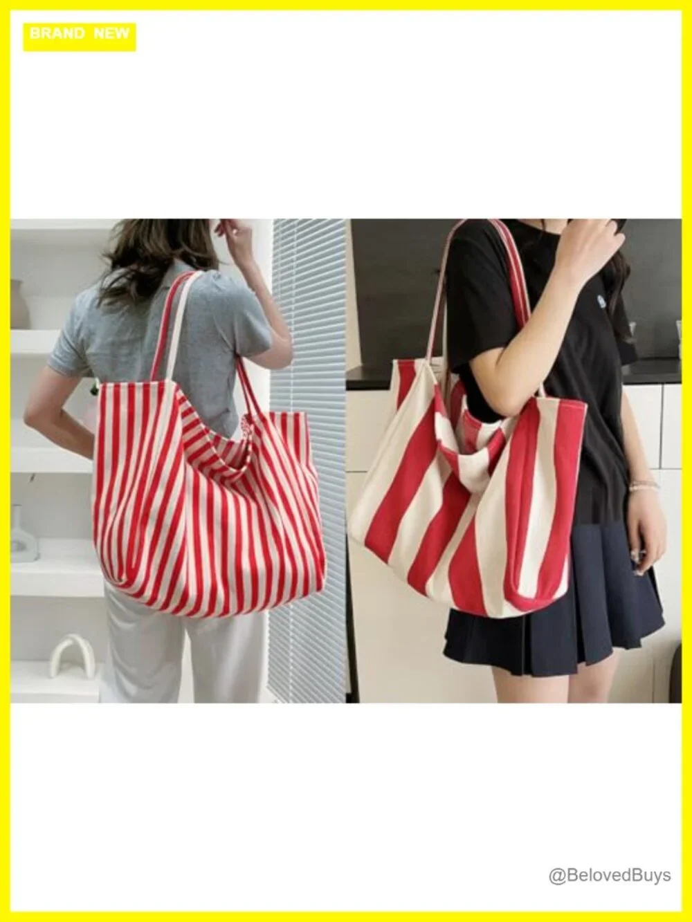 Canvas Tote Bag Vertical Stripes Large Capacity Shoulder Bag Shopping Travel